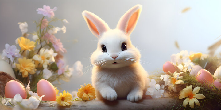 Happy bunny surrounded by flowers , Easter holiday
