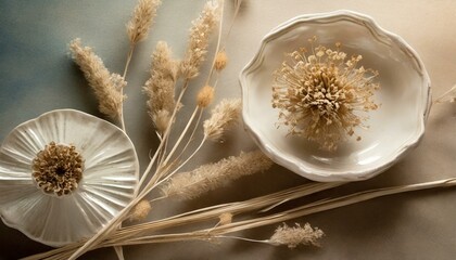 A background with white stylish ceramics and dried flowers. Boho style