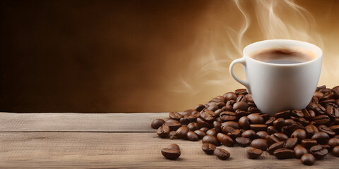 Banner cup of coffee with beans. With copy space