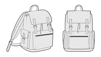 Adventure backpack silhouette bag. Fashion accessory technical illustration. Vector schoolbag front 3-4 view for Men, women, unisex style, flat handbag CAD mockup sketch outline isolated - obrazy, fototapety, plakaty