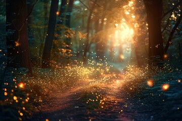 Magical woodland at dusk, illuminated by fireflies, showcasing the enchantment and beauty of natural landscapes