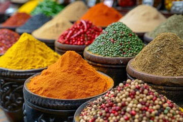 Vibrant marketplace of spices and herbs, a feast for the senses, encouraging exploration of flavors and cultures