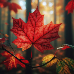 red maple leaf with veins and spots, A close-up of a red maple leaf, rotes Ahornblatt, красный кленовый лист, blurred background