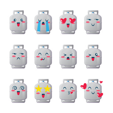Set LPG gas cylinder icons emojis. Collection of emoticons in cartoon style isolated on white background, vector illustration