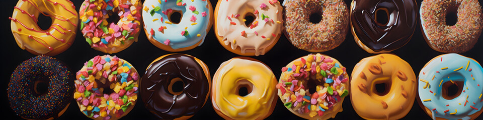 Banner colorful sweet donuts, glazed donuts - obrazy, fototapety, plakaty