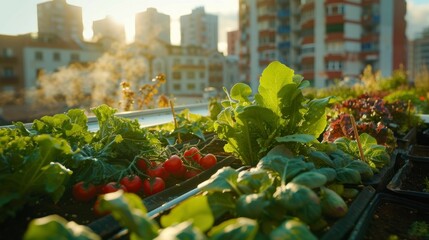 Rooftop urban farming innovation, employing sustainable agricultural methods within an urban setting