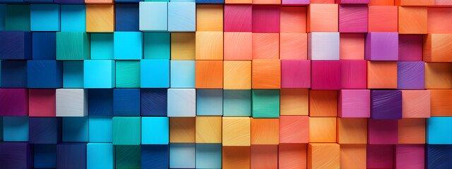 Wall of colored wooden cubes, wide banne