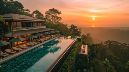 Panoramic vistas at a luxury travel resort, showcasing exotic landscapes alongside superior amenities for an elite experience