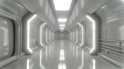 White background 3D room light abstract space technology tunnel stage floor. Empty white future 3D neon background studio futuristic corridor render modern interior silver road black wall design gray - obrazy, fototapety, plakaty
