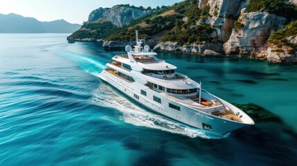 Luxury yacht sailing on crystal clear waters, epitomizing leisure, exploration, and the high seas