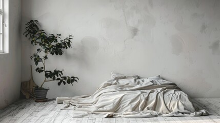 A mock-up of a home interior wall, featuring an unmade bed and a plant, all within a white bedroom setting