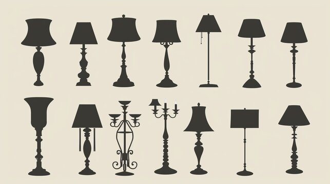 Silhouettes of lamps, forming a collection of lighting symbols and accessories for modern interiors. This vector picture set includes standing lamps in various styles