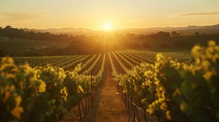 Golden light over vineyard, grapevines lead to sunset, emblematic of growth and harvest