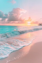 Tranquil beach at sunrise, soft pastel colors and serene atmosphere, emphasizing peace and renewal