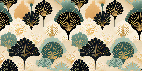 Art deco geometric pattern with golden elements seamless background. Infinity tile concept repeating the background texture.