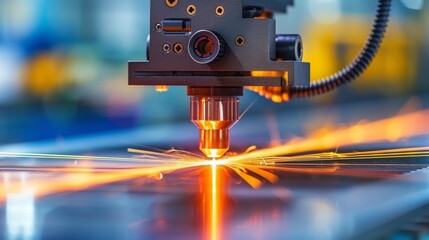 Cnc tool head in action, laser or metal cutting machine, copy space for text placement