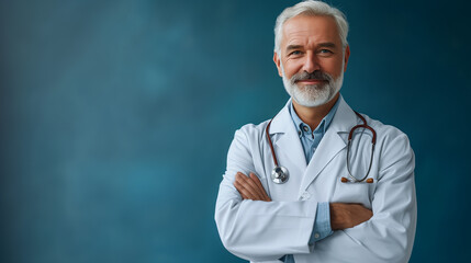 Portrait of a doctor with stethoscope isolated on a blue background - obrazy, fototapety, plakaty