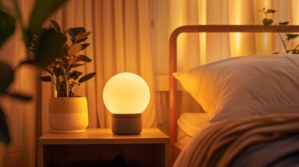 A small lamp softly glowing on a nightstand in a dimly lit bedroom