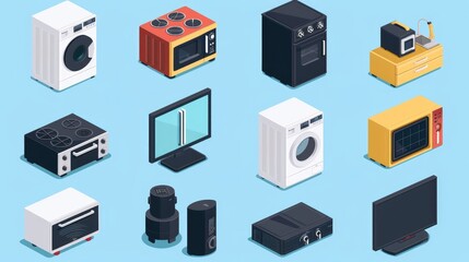 A vector icon set in isometric style featuring various domestic appliances and electronics such as a fridge, washing machine, dishwasher, oven, stove, TV, computer, audio speakers, and microwave oven