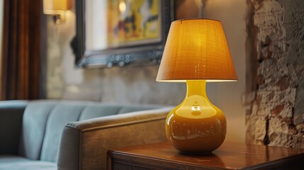 A warm light lampshade, yellow in color, placed on a table