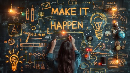 Motivational success concept  woman holding sign saying  make it happen  on blurred background.