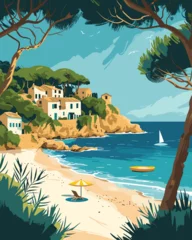 Fotobehang A Mediterranean beach landscape, coastal village, sunbathers, and sailboats against lush foliage and clear skies, Cover Design © MAJGraphics