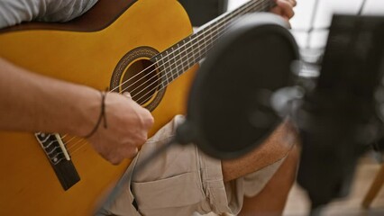 Close-up of a young hispanic man playing an acoustic guitar indoors near a microphone. - Powered by Adobe