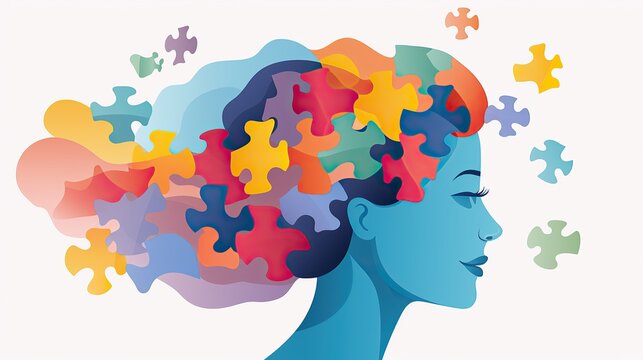 Illustation of young woman's head filled with multicolored puzzle pieces representing complex thinking and autism mental health concept
