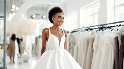 A happy African American bride stands in a sunlit bridal salon, elegant wedding gowns on a modern interior background. Concept of rental shop, sustainable wedding dress in boutique. Copy space