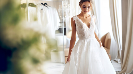 Naklejka premium An elegant caucasian white young woman bride bride trying gown admires wedding dress in a sunlit bridal salon. Concept choosing elegant, beautiful bridal wedding dress in boutique. Copy space