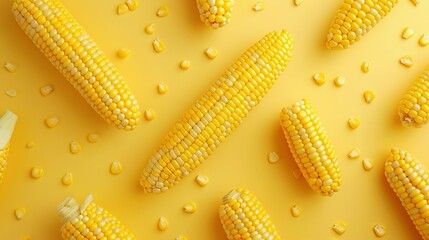 Fresh corn cobs and seeds on yellow background