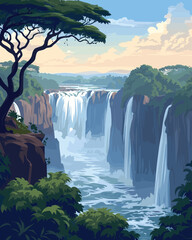 Vector Poster of Victoria Falls Zambia with a blue sky in the background, Cover Design