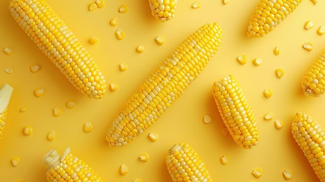 Fresh corn cobs and seeds on yellow background