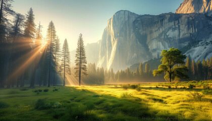 Yosemite National Park with sunrays piercing through the trees onto the misty grassland against the backdrop of a towering mountain cliff - obrazy, fototapety, plakaty
