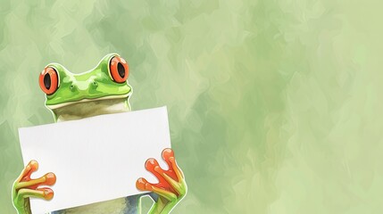 Watercolor illustration of a green frog with blank card, happy leap day, leap year concept