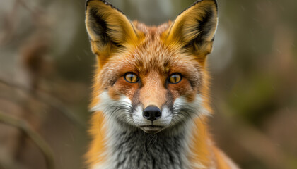 Fototapeta premium An intense close-up portrait of a fox with piercing eyes and rich orange fur, set against a soft, blurred background