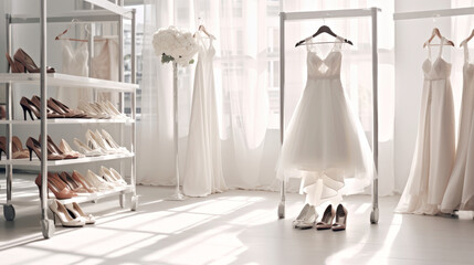 Stylish bridal wedding gowns wear paired with a selection of classic shoes, arranged against the modern salon background of a bright sunlit boutique for brides