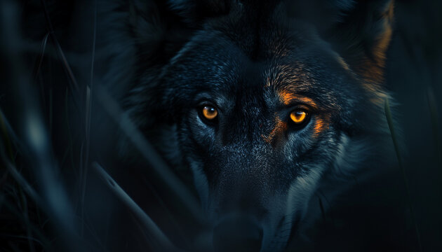 A yellow eyes of a wolf emerges from the shadows, camouflaged among the dark grasses of the twilight wilderness