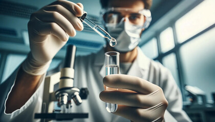  Lab technician using a white-gloved hand to drop liquid into a test tube