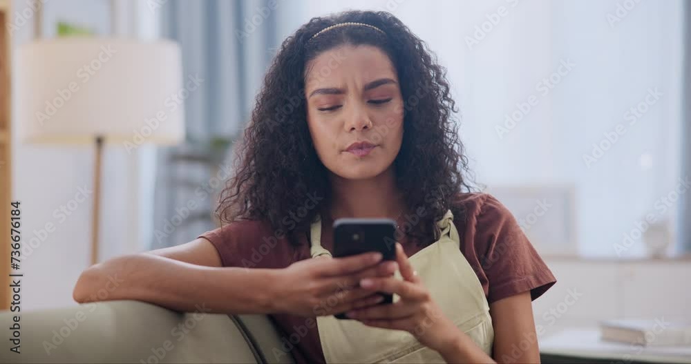 Wall mural Woman, sofa and frustrated for message on cellphone, stress and online scam on weekend in house. Mexican lady, smartphone and worry for notification on social media, mobile app and web chat in home