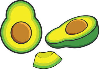 Set of fresh avocado, whole and half sliced isolated on white background. Vector illustration for design packaging, cover, print, banner, poster, clipart, sticker, icon, mascot, logo.