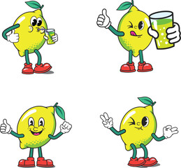 Set of funny lemons character cartoon emotions joy happiness smiling face, drinking juice, waving hand, giving thumb up and Ok sign gesture. lemonade icon beautiful vector illustration.