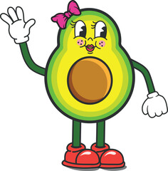 Cute Slice Avocado cartoon character smiling expression and waving hand gesture. Half Avocado groovy cartoon for clip art, sticker, icon, mascot, logo. Vector illustration