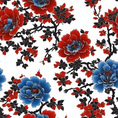 blue and red flowers on white background