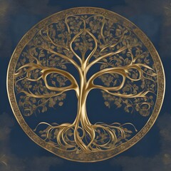 golden tree symbol on blue background