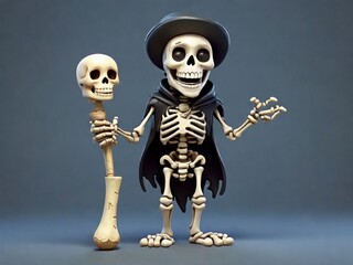 full body cartoon skeleton smiling and holding a bone