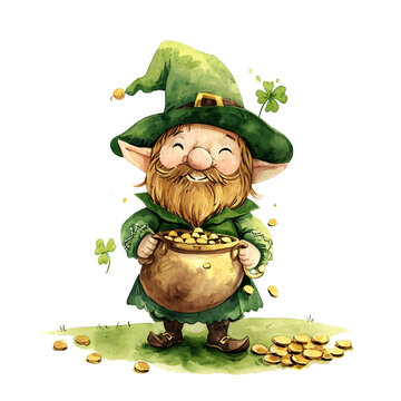 Pot of Gold Gnome. Watercolor St.Patrick's Day clipart