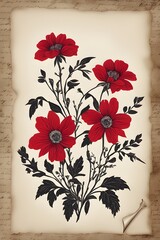 on top of wooden background leaf with drawn flower