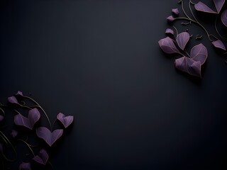 black background with flowers and purple leaves at the ends
