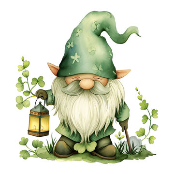 gnome Holding Green Lantern for St. Patrick's Day, watercolor clipart
